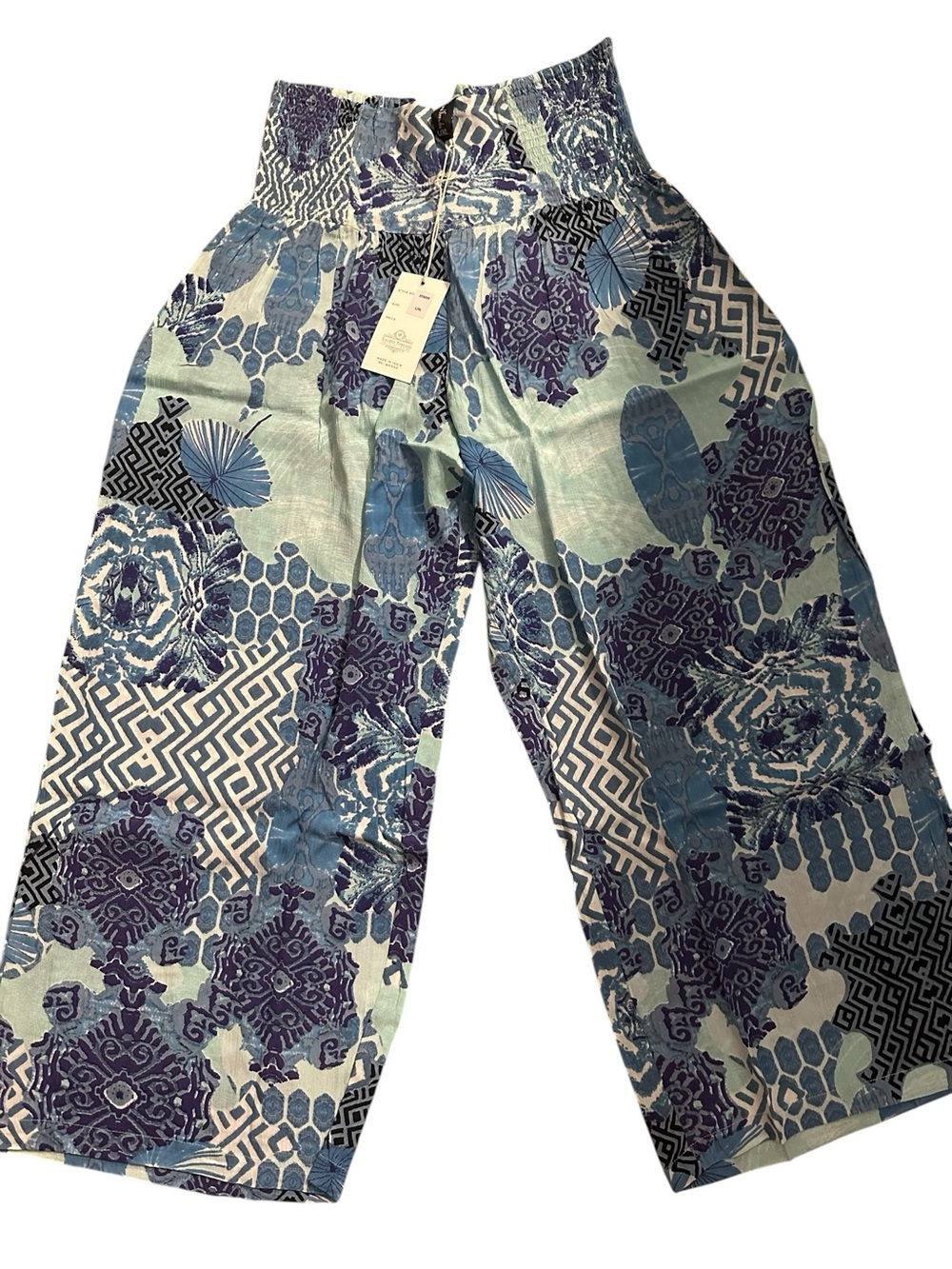 Sacred Threads Blue & Purple Patterned Wide-Leg Smocked Pants. 225039. BL/GR